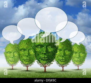 Communauté de communication de plus en plus comme un concept d'affaires avec un groupe d'arbres qui sont en forme d'une tête humaine avec des bulles comme un symbole de personnes communicatiing dans un réseau social de plus en plus. Banque D'Images