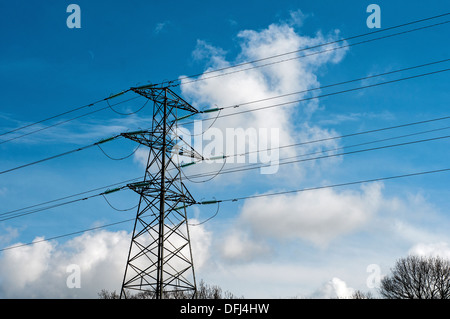 La transmission de l'électricité et des lignes électriques traversant la campagne de la tour Banque D'Images