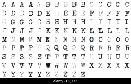 Alphabet dactylographiées vintage avec 5 différentes variations de chaque lettre Banque D'Images