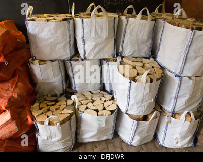 Carburant d'hiver sacs de bois sec pour la vente dans un magasin de ferme Banque D'Images