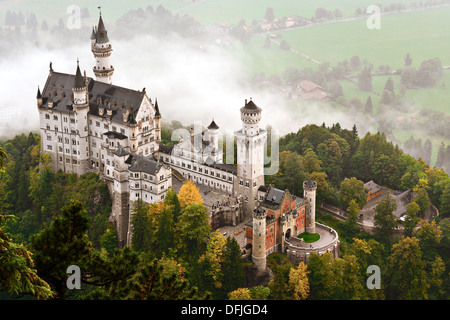 Le château de Neuschwanstein dans la brume, dans les Alpes bavaroises de l'Allemagne. Banque D'Images