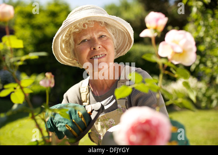 Hauts femme avec un sécateur vous regarde en souriant dans son jardin. Vieille Femme jardinage sur une journée ensoleillée. Banque D'Images