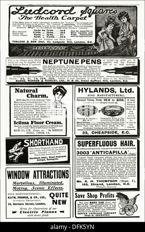 La page des annonces. 1900 Original publicité annonces produits typiques de la période. Annonces Magazine vers 1908 Banque D'Images