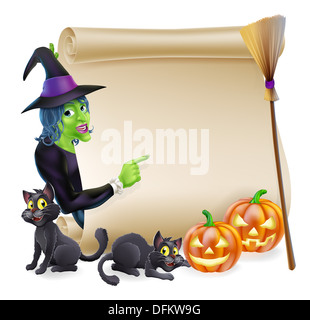 Faites défiler ou Halloween pumpkins d'enseigne et les chats de la sorcière noire, balai de sorcière sorcière et cartoon character Banque D'Images