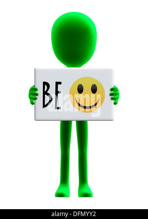 Numérique 3D render of a green petit gars avec un panneau avec les mots heureux isolé sur fond blanc Banque D'Images