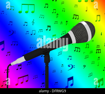 Gros plan de microphone avec des notes de musique montrant des chansons ou encore de hits Banque D'Images