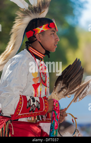 Native American man Chumash avec full regalia dance à l'Inter Tribal 2013 Pow Wow, Live Oak, Santa Ynez Valley, Californie Banque D'Images