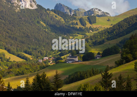 Vue sur les Alpes de Montmin en regardant vers le bois, dans les Alpes Françaises Banque D'Images