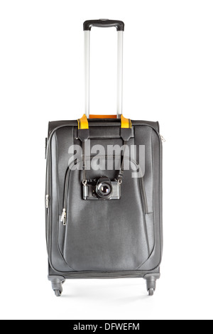 Concept de valise et appareil photo pour isoler et fond blanc Banque D'Images