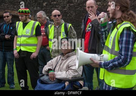 Londres, Royaume-Uni. 09Th Oct, 2013. Les protestataires écouter un orateur comme comme NORML UK manifestation devant le Parlement pour le cannabis La réforme du droit. Crédit : Paul Davey/Alamy Live News Banque D'Images