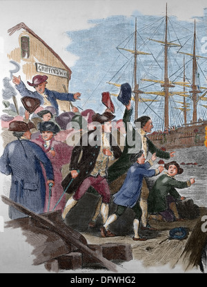 Le Boston Tea Party. 16 Décembre, 1773. La destruction d'un plateau au Boston Harbor.gravure de couleur. 19e siècle. Banque D'Images