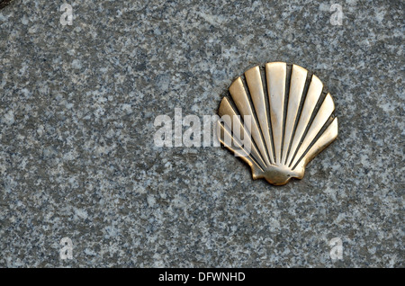 Le laiton Coquille Saint-Jacques, symbole des pèlerins sur le Chemin de Saint Jacques, situé dans la chaussée à Cahors, Lot, France Banque D'Images