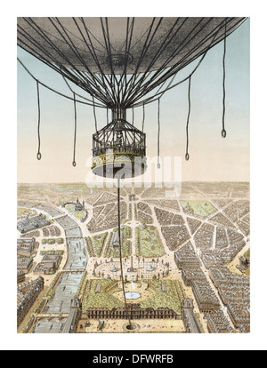 1878 illustration de Grand Ballon at World's Fair avec panorama de Paris depuis le jardin des Tuileries Banque D'Images