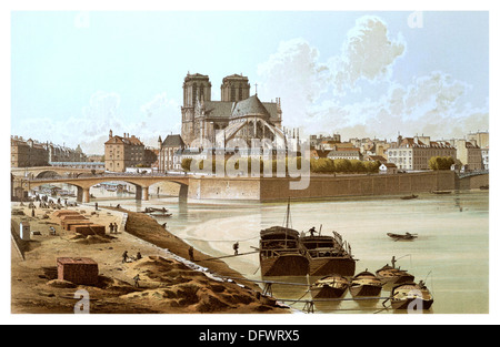 NOTRE DAME VINTAGE ILLUSTRATION HISTORIQUE Isle de Paris avec la cathédrale Notre Dame 1800 illustration Paris France Banque D'Images