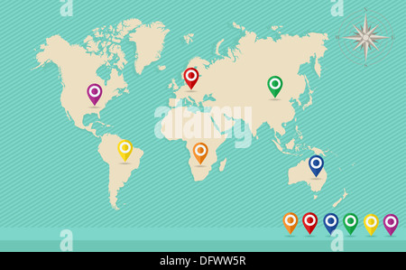 Emplacement dans le monde entier concept design. Pointeurs GPS dans plusieurs pays et continents. Vecteur EPS. Banque D'Images