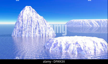 Trois icebergs dans l'océan par la lumière du jour. Banque D'Images