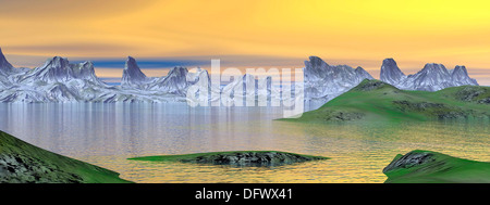 Magnifique coucher de soleil sur paysage avec de l'eau calme, de l'herbe bien verte et des montagnes rocheuses. Banque D'Images