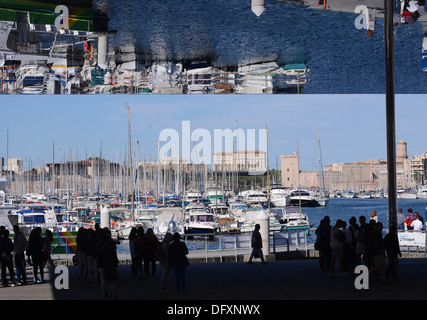 Marseille's new pavilion dans le Vieux Port - un auvent en acier poli avec miroirs géant conçu par Norman Foster. Banque D'Images