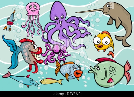 Illustrations de Funny Cartoon Animaux Sea Life et du poisson pour les enfants groupe de caractères Mascotte Banque D'Images