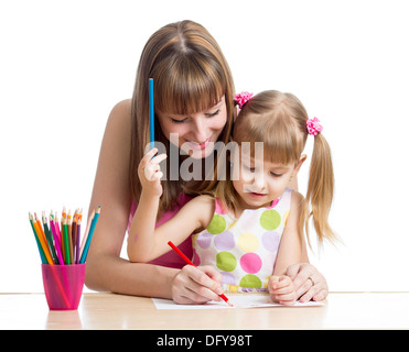 Mère et son enfant fille ensemble crayon Banque D'Images