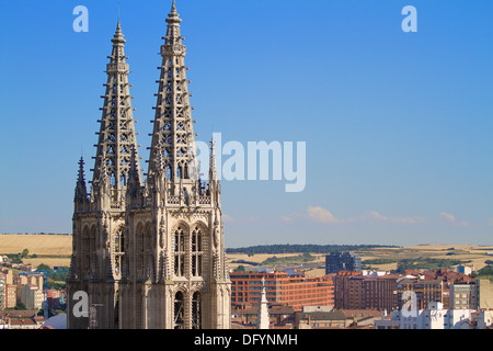 Pinacles gothiques des tours de la face nord de la cathédrale de Burgos, Burgos, Castille et Leon. Espagne Banque D'Images