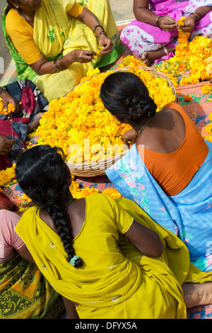 Les femmes du village de l'Inde rurale assis autour d'un panier de fleurs de souci de faire des guirlandes de fleurs. L'Andhra Pradesh, Inde Banque D'Images