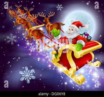 Illustration cartoon de Noël du Père Noël volant dans son traîneau ou en traîneau dans le ciel nocturne avec lune dans l'arrière-plan Banque D'Images
