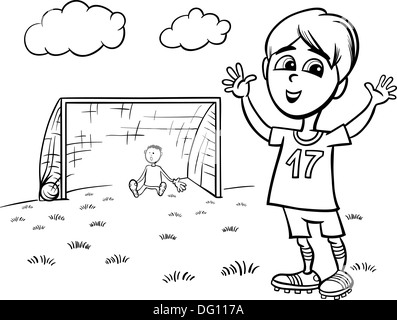 Cartoon noir et blanc Illustration de Cute boy playing football ou soccer pour Coloring Book Banque D'Images
