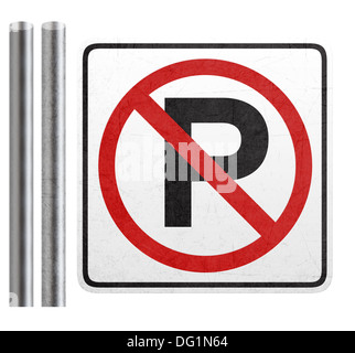 No parking sign avec barre métallique isolé sur blanc avec clipping path . Banque D'Images