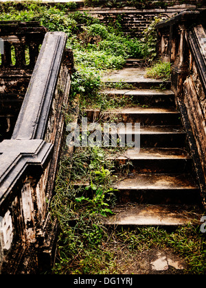 Escalier extérieur et la terrasse envahie par les mauvaises herbes Banque D'Images