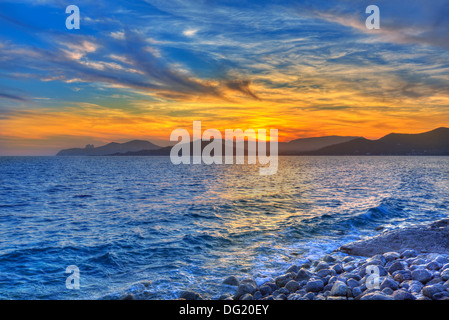 Ibiza Cap des Falco beach sunset et Es Vedra en Sant Josep Îles Baléares Banque D'Images