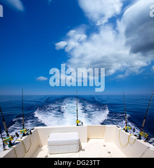 Bateau de pêche de pont arrière avec cannes et moulinets de pêche à la traîne en bleu océan mer Banque D'Images