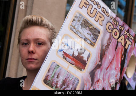 Londres, Royaume-Uni. 12 octobre, 2013. Coalition pour l'abolition de la traite des fourrures protestataires manifester devant le grand magasin Harvey Nichols à Londres, où les produits sont encore vendus. Crédit : Paul Davey/Alamy Live News Banque D'Images