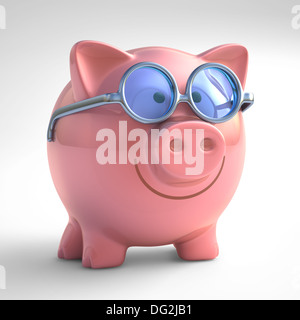 Tirelire heureux avec des lunettes de soleil. With clipping path inclus. Banque D'Images