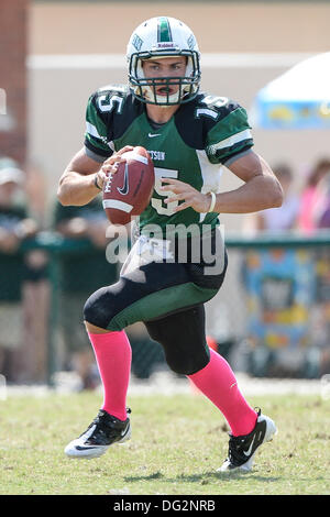 DeLand, en Floride, aux États-Unis. 12 octobre, 2013. Le quart-arrière Ryan Tentler Stetson de chapeliers (15) au cours de premier semestre NCAA Football action de jeu entre les Flyers de Dayton et Stetson Chapeliers au Spec Martin Stadium à DeLand, Floride. Credit : csm/Alamy Live News Banque D'Images