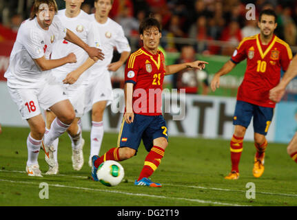 Palma de Majorque, Espagne, le 12 octobre 2013, l'Espagne"s de l'équipe nationale de soccer Silva contrôle le ballon pendant leur qualification pour la Coupe du Monde 2014 match de football contre la Biélorussie à fils Moix stadium à Palma de Majorque le vendredi 11 octobre. Zixia/Alamy Live News. Banque D'Images