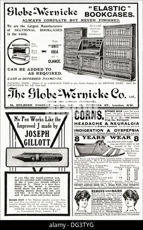 La page des annonces. Publicité Publicité des années 1900 d'origine des produits typiques de la période. Annonce magazine vers 1908 Banque D'Images