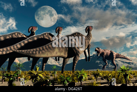 Standoff.2.. Un groupe d'Hydrosaurs du bec, de l'utilisation des ondes sonores intenses pour empêcher une attaque d'un T.Rex. Banque D'Images