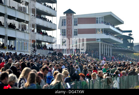 Pardubice, République tchèque. 13 Oct, 2013. L'atmosphère au cours de Pardubice (Velka pardubicka Grand Steeple) dans la région de Pardubice, République tchèque, le 13 octobre 2013. Orphée des Blins, un 11-year-old mare, avec Jan Faltejsek jockey a remporté le Grand Steeple-chase de Pardubice, défendant leur triomphe de l'an dernier. Jockey tchèque légendaire Josef Vana, huit fois vainqueur de la célèbre course d'obstacles qui peuvent avoir participé à la dernière fois, est tombé de cheval Tiumen près avant la fin de la course. Six des 20 chevaux atteint le poste de finition. Photo : CTK/Tanecek Photo/Alamy Live News Banque D'Images