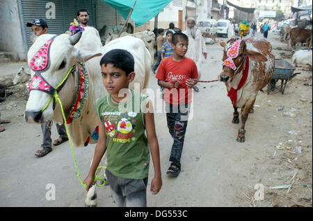 Les enfants avc l'animal sacrificiel comme musulman se préparer au prochain Aïd al-Azha, maison de vacances à Karachi le lundi 14 octobre, 2013. Les musulmans du monde entier vont célébrer Eid-al-Azha qui marque la fin du Hajj. L'abattage sera musulmane moutons, chèvres, vaches et chameaux pour commémorer le Prophète Abraham était prêt à sacrifier son fils Ismaël sur l'ordre de Dieu sur le calendrier islamique 10 Zil-Hijjah. Banque D'Images