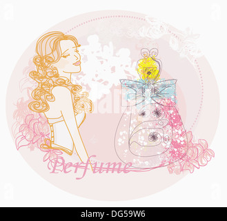 Femme abstraite et flacon de parfum avec un arôme floral Banque D'Images