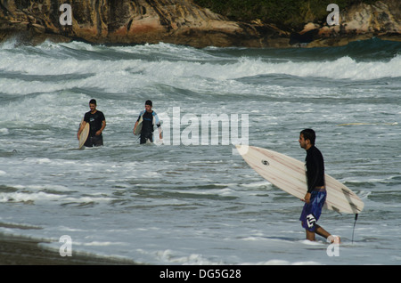 Surfeurs de Guaeca beach, ville de São Sebastião, Sao Paulo, Brésil côte d'état Banque D'Images