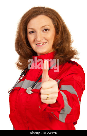 Heureux paramedic woman giving thumb up isolé sur fond blanc Banque D'Images