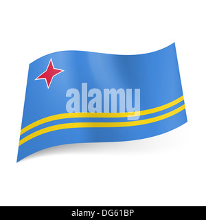 Drapeau national de l'Aruba : quatre pointes étoile rouge dans le coin supérieur gauche et deux étroites bandes jaunes sur fond bleu. Banque D'Images