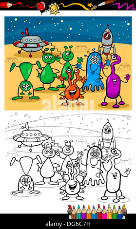 Livre de coloriage ou une caricature Page Illustrations de Fantasy étrangers ou Bande dessinée Caractères Martiens Mascotte Groupe pour les enfants Banque D'Images