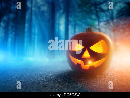 Un Jack O Lantern dans adark mist Forest sur Halloween... Banque D'Images