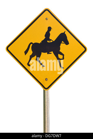 Horse Rider attention traffic sign isolated on a white blackground Banque D'Images