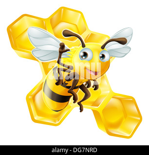 Un cute cartoon mascotte abeille en agitant devant Honey comb Banque D'Images