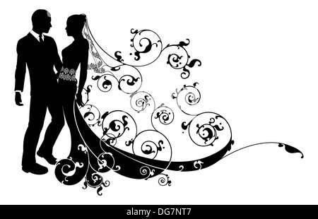 Bride and Groom wedding couple en silhouette avec belle robe nuptiale et abstrait motif floral. Banque D'Images