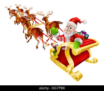 Cartoon illustration de Noël du Père Noël volant dans son traîneau ou en traîneau avec les rennes et un sac de cadeaux de Noël Banque D'Images